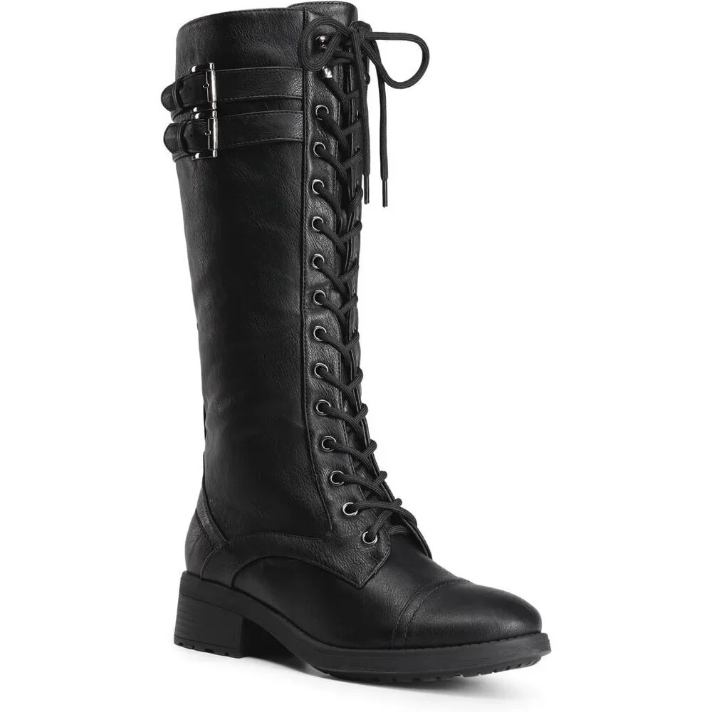 Women's Black DREAM PAIRS PU Knee-High Riding Combat Boots for Fall and Winter